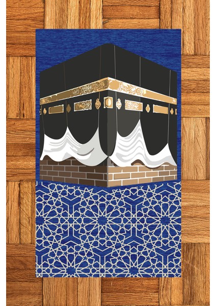 Dijital Baskılı Yıkanabilir Kabe Motifli Hediyelik Namaz Halısı Seccade 70X130CM, Seccade-47-Mavi,