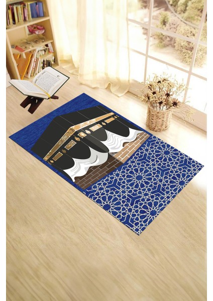 Dijital Baskılı Yıkanabilir Kabe Motifli Hediyelik Namaz Halısı Seccade 70X130CM, Seccade-47-Mavi,