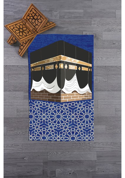 Dijital Baskılı Yıkanabilir Kabe Motifli Hediyelik Namaz Halısı Seccade 70X130CM, Seccade-47-Mavi,