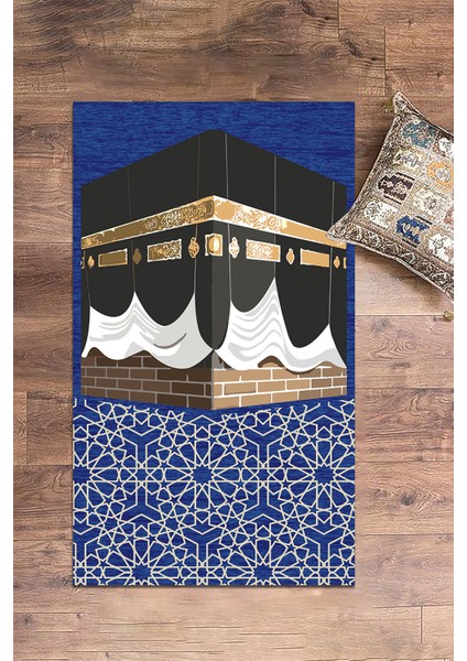 Dijital Baskılı Yıkanabilir Kabe Motifli Hediyelik Namaz Halısı Seccade 70X130CM, Seccade-47-Mavi,