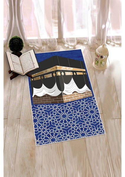 Dijital Baskılı Yıkanabilir Kabe Motifli Hediyelik Namaz Halısı Seccade 70X130CM, Seccade-47-Mavi,