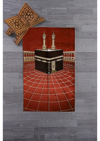 Dijital Baskılı Yıkanabilir Kabe Motifli Şık Tasarım Namaz Halısı Seccade 70X130, Seccade-48-Kırmızı, modelleri