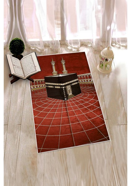 Dijital Baskılı Yıkanabilir Kabe Motifli Şık Tasarım Namaz Halısı Seccade 70X130, Seccade-48-Kırmızı, indirimleri