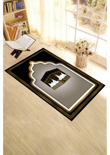 Dijital Baskılı Kabe Motifli Yıkanabilir Motifli 70X130 Namazlık Seccade, Seccade-04-Siyah,