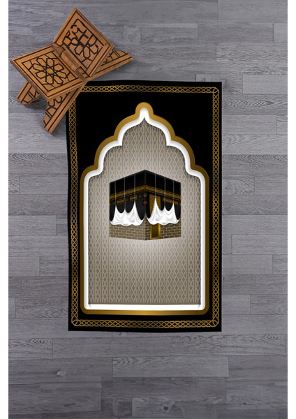 Dijital Baskılı Kabe Motifli Yıkanabilir Motifli 70X130 Namazlık Seccade, Seccade-04-Siyah,