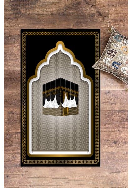 Dijital Baskılı Kabe Motifli Yıkanabilir Motifli 70X130 Namazlık Seccade, Seccade-04-Siyah,