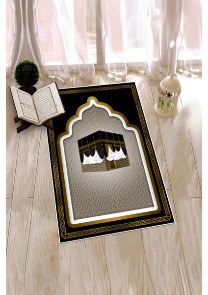 Dijital Baskılı Kabe Motifli Yıkanabilir Motifli 70X130 Namazlık Seccade, Seccade-04-Siyah,