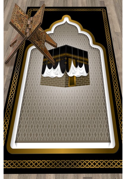 Dijital Baskılı Kabe Motifli Yıkanabilir Motifli 70X130 Namazlık Seccade, Seccade-04-Siyah,
