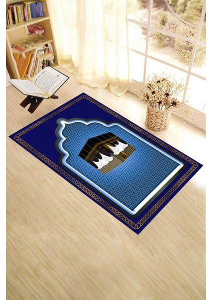 Dijital Baskılı Kabe Motifli Yıkanabilir Motifli 70X130 Namazlık Seccade, Seccade-04-Mavi,