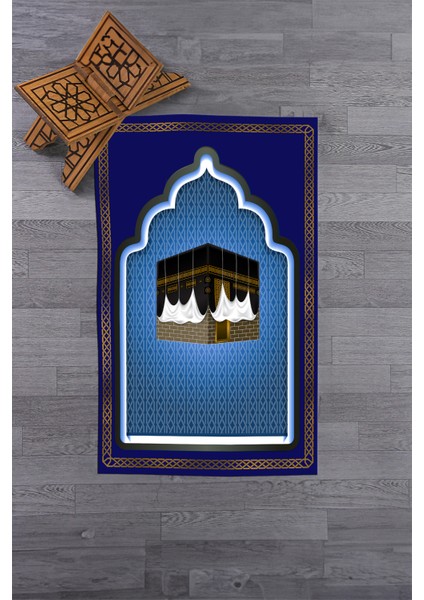 Dijital Baskılı Kabe Motifli Yıkanabilir Motifli 70X130 Namazlık Seccade, Seccade-04-Mavi,