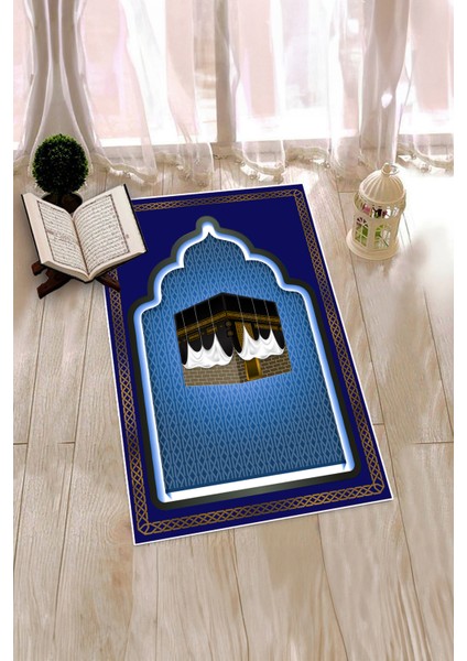 Dijital Baskılı Kabe Motifli Yıkanabilir Motifli 70X130 Namazlık Seccade, Seccade-04-Mavi,