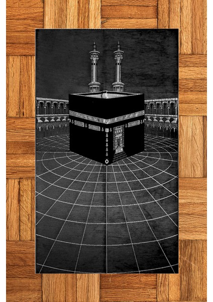 Dijital Baskılı Yıkanabilir Kabe Motifli Şık Tasarım Namaz Halısı Seccade 70X130, Seccade-48-Siyah,