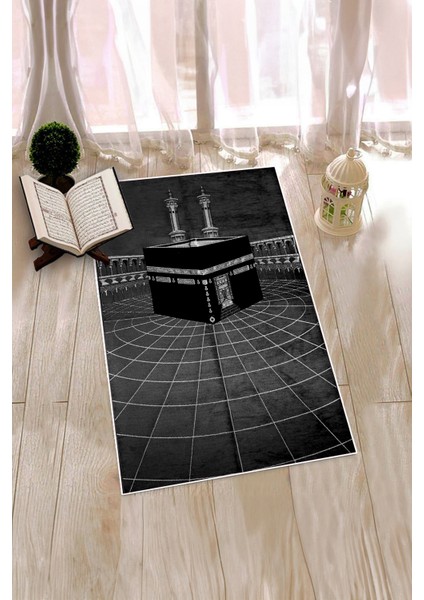 Dijital Baskılı Yıkanabilir Kabe Motifli Şık Tasarım Namaz Halısı Seccade 70X130, Seccade-48-Siyah, indirimleri