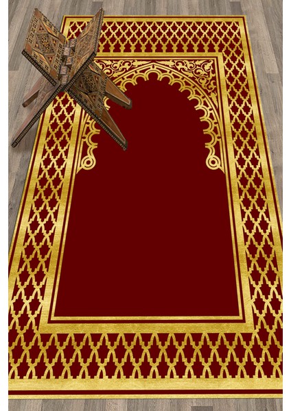 Dijital Baskılı Yıkanabilir Motifli 70X130 Namazlık Seccade, Seccade-01-Gold,