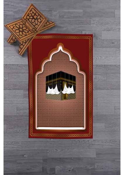 Dijital Baskılı Kabe Motifli Yıkanabilir Motifli 70X130 Namazlık Seccade, Seccade-04-Kırmızı,