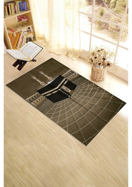 Dijital Baskılı Yıkanabilir Kabe Motifli Şık Tasarım Namaz Halısı Seccade 70X130, Seccade-48-Kahve,