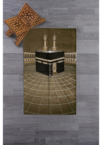 Dijital Baskılı Yıkanabilir Kabe Motifli Şık Tasarım Namaz Halısı Seccade 70X130, Seccade-48-Kahve,