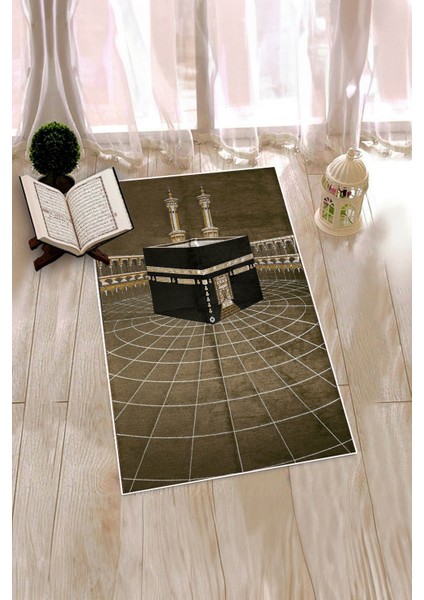 Dijital Baskılı Yıkanabilir Kabe Motifli Şık Tasarım Namaz Halısı Seccade 70X130, Seccade-48-Kahve,