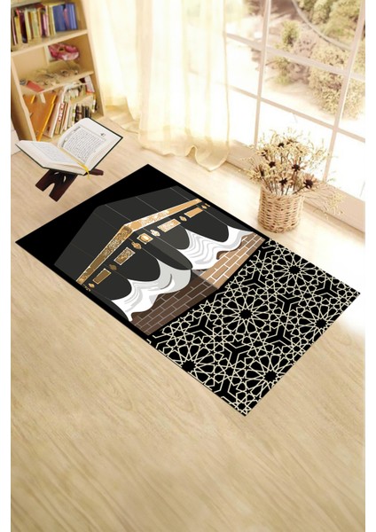 Dijital Baskılı Yıkanabilir Kabe Motifli Hediyelik Namaz Halısı Seccade 70X130CM, Seccade-47-Siyah,