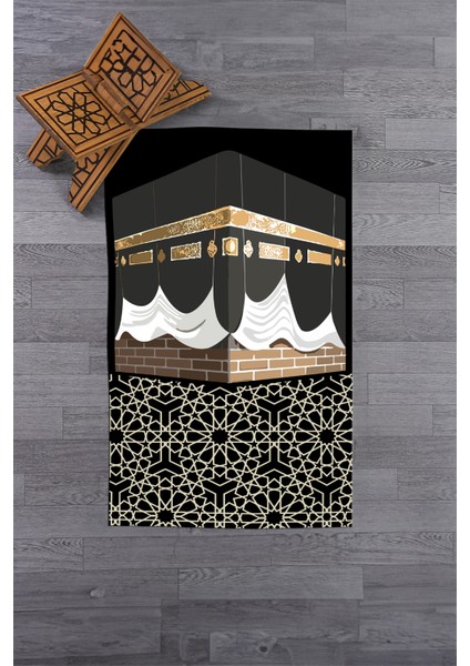 Dijital Baskılı Yıkanabilir Kabe Motifli Hediyelik Namaz Halısı Seccade 70X130CM, Seccade-47-Siyah,