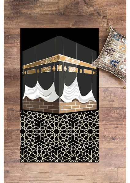 Dijital Baskılı Yıkanabilir Kabe Motifli Hediyelik Namaz Halısı Seccade 70X130CM, Seccade-47-Siyah,