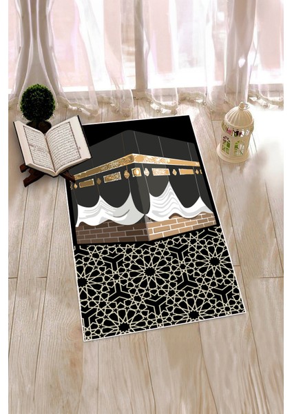 Dijital Baskılı Yıkanabilir Kabe Motifli Hediyelik Namaz Halısı Seccade 70X130CM, Seccade-47-Siyah,