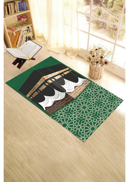 Dijital Baskılı Yıkanabilir Kabe Motifli Hediyelik Namaz Halısı Seccade 70X130CM, Seccade-47-Yeşil,