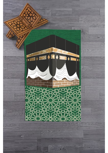 Dijital Baskılı Yıkanabilir Kabe Motifli Hediyelik Namaz Halısı Seccade 70X130CM, Seccade-47-Yeşil,