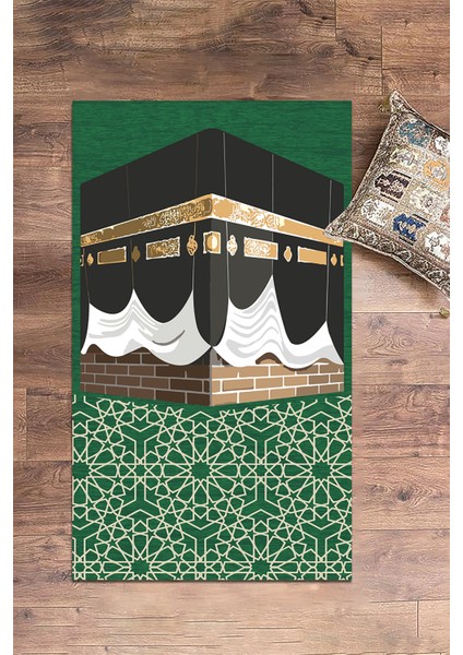 Dijital Baskılı Yıkanabilir Kabe Motifli Hediyelik Namaz Halısı Seccade 70X130CM, Seccade-47-Yeşil,