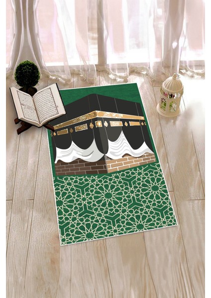 Dijital Baskılı Yıkanabilir Kabe Motifli Hediyelik Namaz Halısı Seccade 70X130CM, Seccade-47-Yeşil,