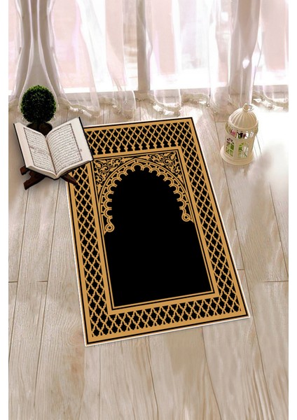 Dijital Baskılı Yıkanabilir Motifli 70X130 Namazlık Seccade, Seccade-01-Siyah,