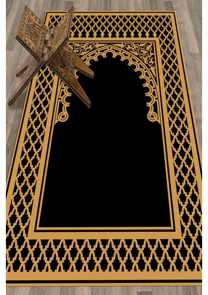 Dijital Baskılı Yıkanabilir Motifli 70X130 Namazlık Seccade, Seccade-01-Siyah,
