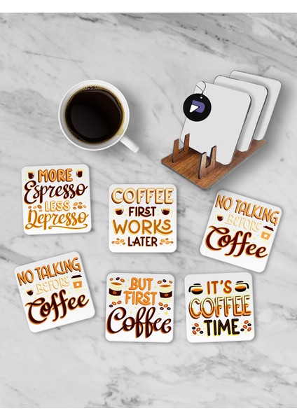 Kahve Coffee Motto Standlı Ahşap Bardak Altlığı Seti, 6 Adet Baskılı Bardak Fincan Kahve Altlığı