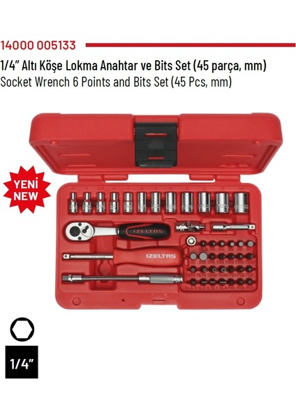 İzeltaş1/4” Altı Köşe Lokma Anahtar ve Bits Set (45 Parça, Mm) - 14000 005133