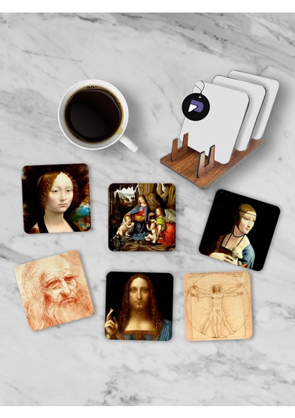 Da Vinci Temalı Standlı Ahşap Bardak Altlığı Seti, 6 Adet Baskılı Bardak Fincan Kahve Altlığı