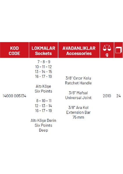 3/8” Altı Köşe Lokma Anahtar Set (24 Parça, Mm) - 14000 005134 fiyatları
