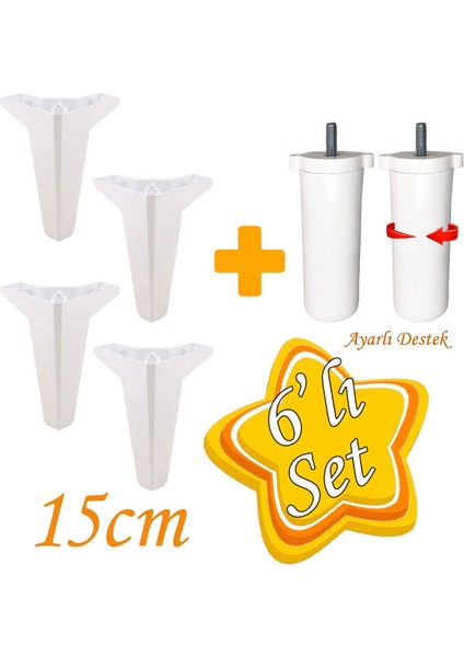 Serdivan 6'lı Set Mobilya Tv Ünitesi Çekyat Koltuk Kanepe Ayarlı M8 Destek Ayağı 15 cm Beyaz Baza Ayak