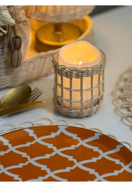 Tealight LED Sütun Rattan Mum Pilli Handmade