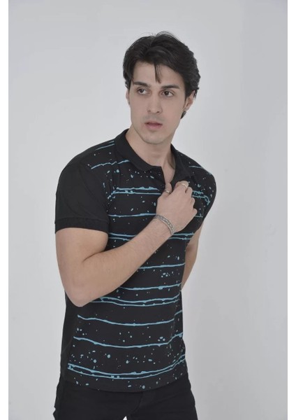Erkek Yakalı Slim Fit Pike Çizgili T-Shirt - Siyah fiyatları