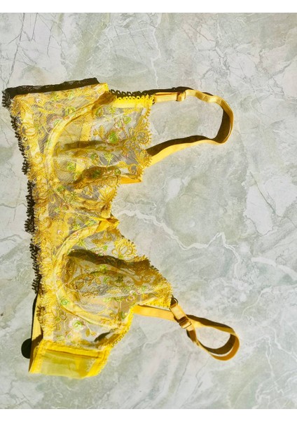Şeffaf Çiçekli Sarı Bralet Sütyen Takım