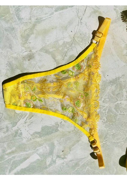 Şeffaf Çiçekli Sarı Bralet Sütyen Takım