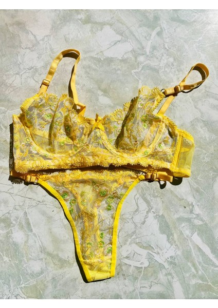 Şeffaf Çiçekli Sarı Bralet Sütyen Takım