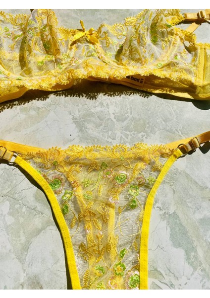 Şeffaf Çiçekli Sarı Bralet Sütyen Takım