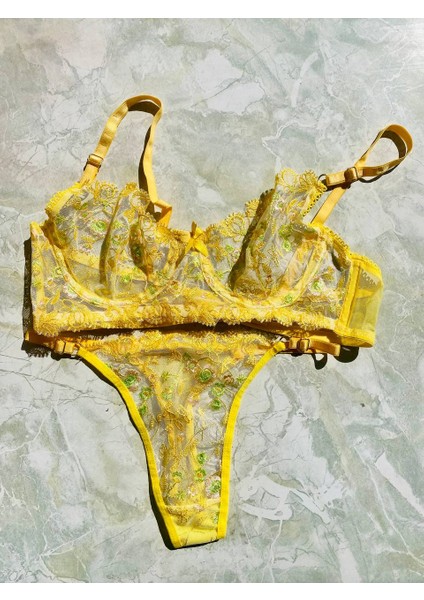 Şeffaf Çiçekli Sarı Bralet Sütyen Takım