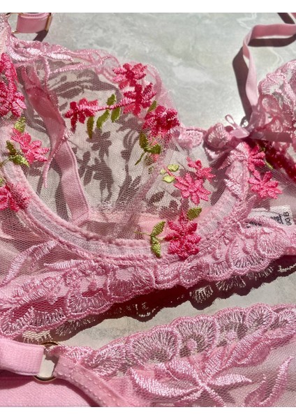 Şeffaf Çiçekli Pembe Bralet Sütyen Takım