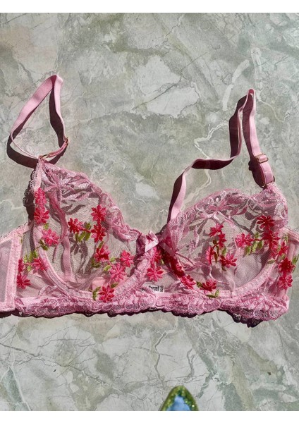 Şeffaf Çiçekli Pembe Bralet Sütyen Takım
