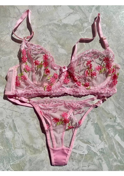 Şeffaf Çiçekli Pembe Bralet Sütyen Takım