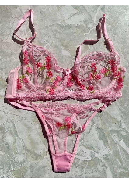 Şeffaf Çiçekli Pembe Bralet Sütyen Takım