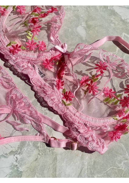 Şeffaf Çiçekli Pembe Bralet Sütyen Takım
