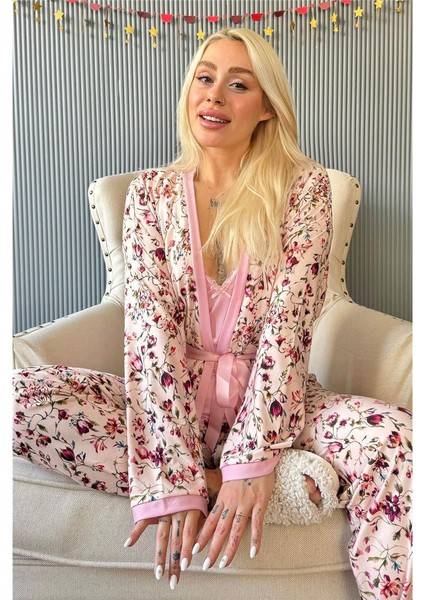 Açık Pembe Flore Exclusive Örme Sabahlıklı Kadın Pijama Takımı
